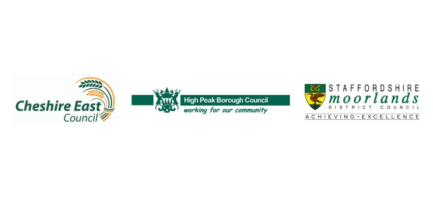 Cheshire East Council, High Peak Borough Council and Staffordshire Moorlands District Council logos