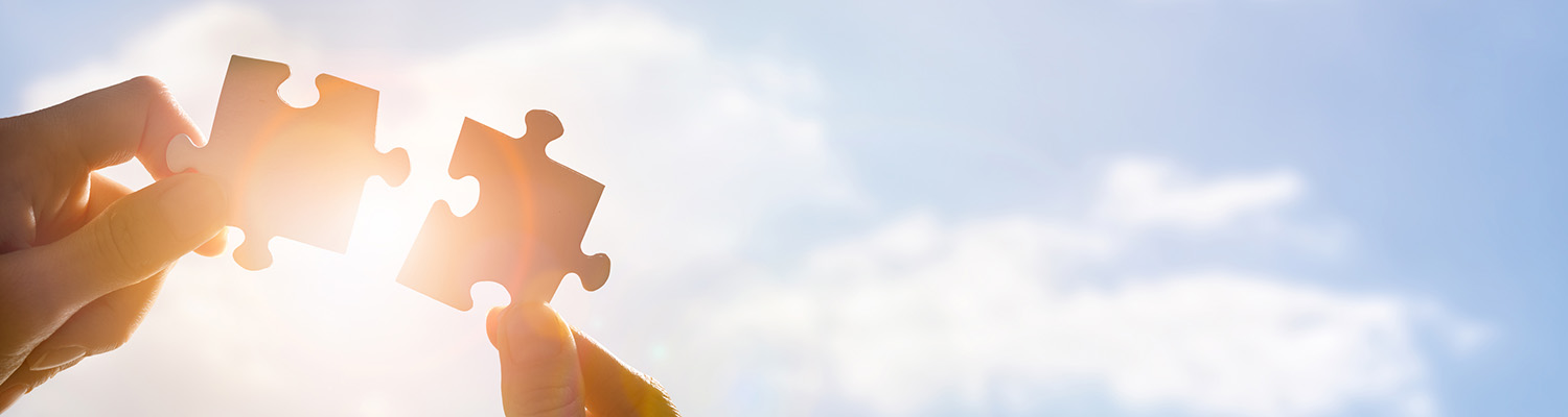 Jigsaw pieces held up in front of a blue sky